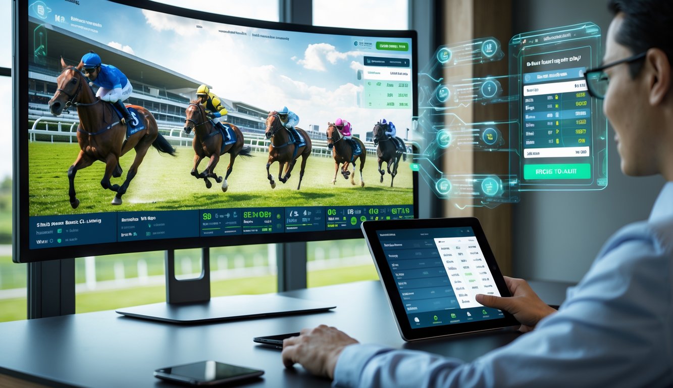 Seorang pria menggunakan tablet untuk memasang taruhan pacuan kuda online di depan layar komputer yang menampilkan balapan kuda.