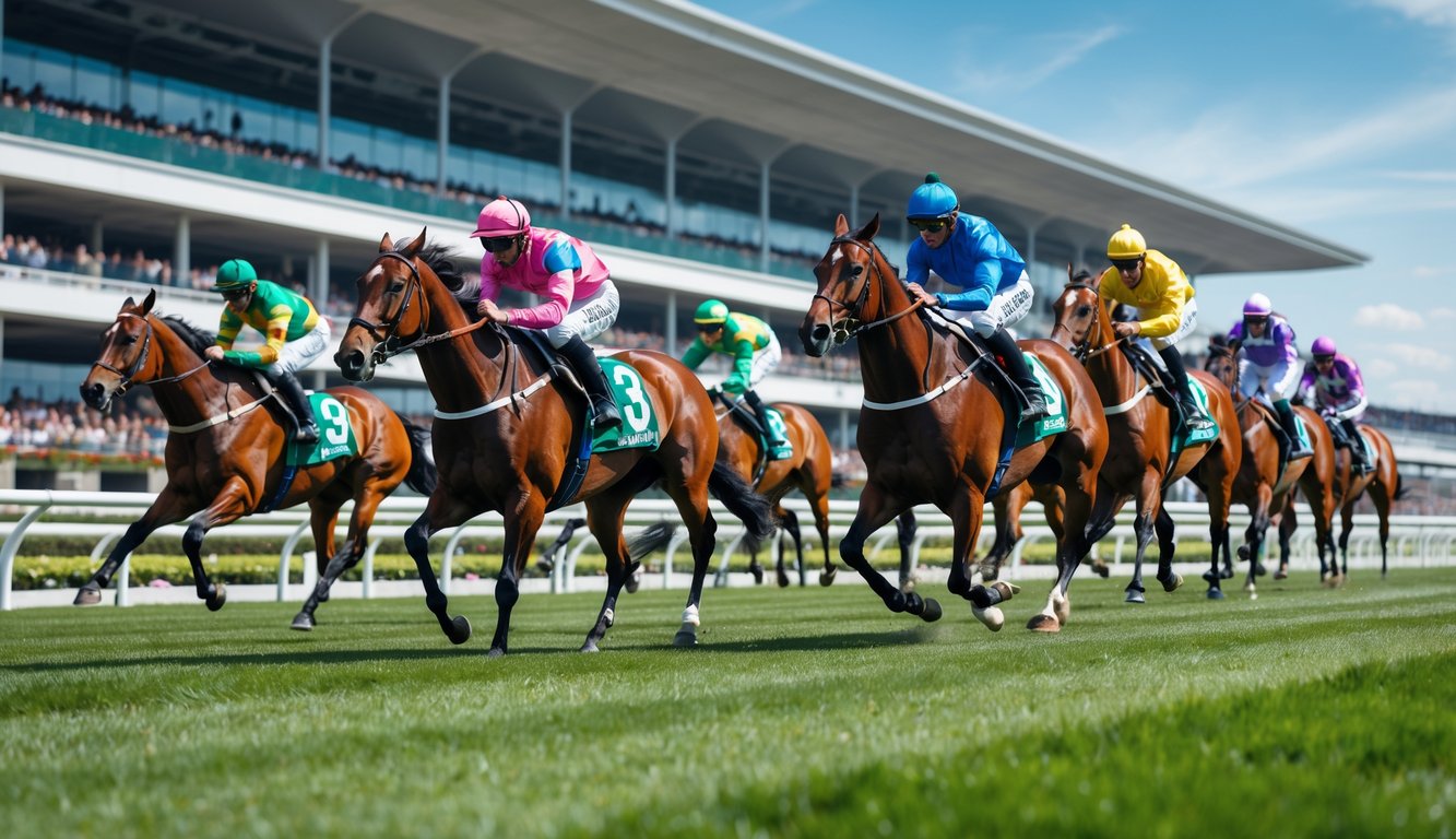 Beberapa kuda pacu dengan joki berwarna-warni sedang berlari kencang di lintasan pacuan dengan tribun penonton penuh di latar belakang.