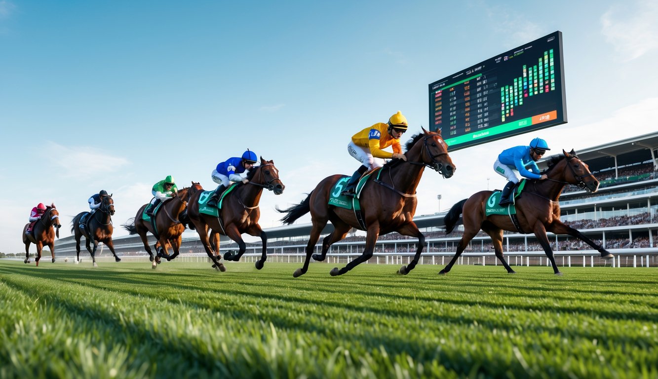 Lomba pacuan kuda dengan beberapa kuda berlari cepat dan joki mengenakan pakaian balap berwarna-warni di lintasan pacu dengan penonton di tribun.