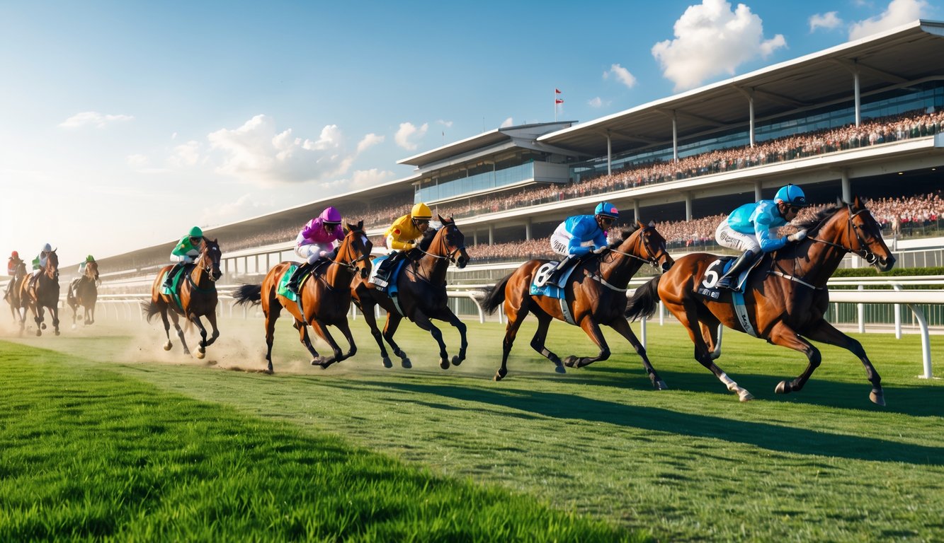 Adegan pacuan kuda dengan beberapa kuda dan joki berlomba di lintasan balap di depan tribun penonton yang ramai.