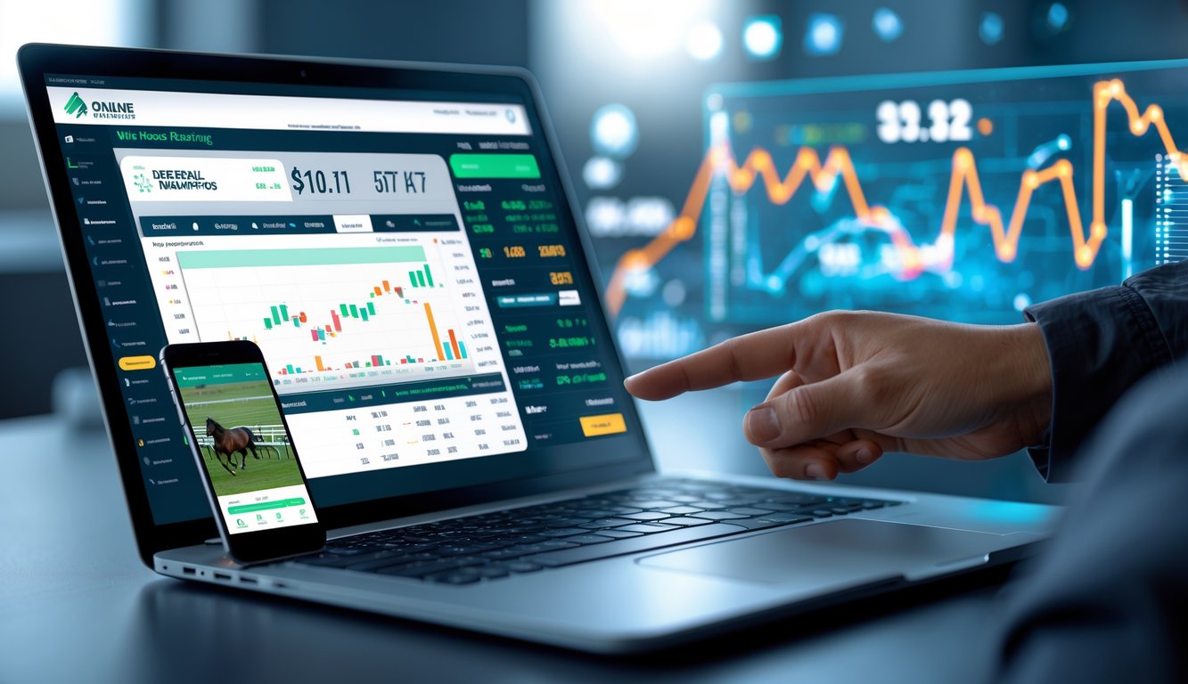 Seseorang menggunakan laptop dan ponsel untuk melihat data dan siaran pacuan kuda secara online di ruang kerja modern.