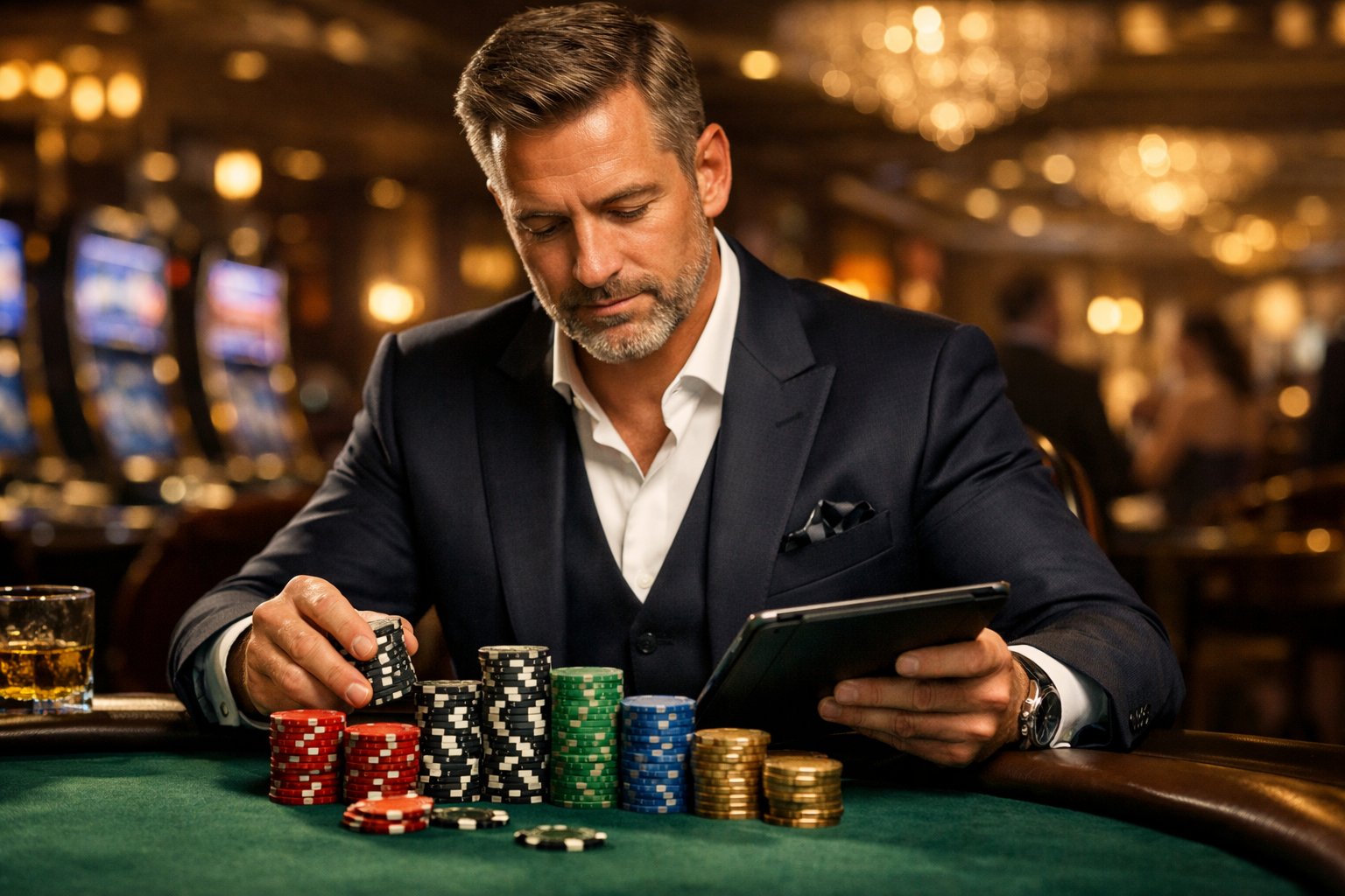 A person in a suit managing poker chips at a casino table with a calm and focused expression.