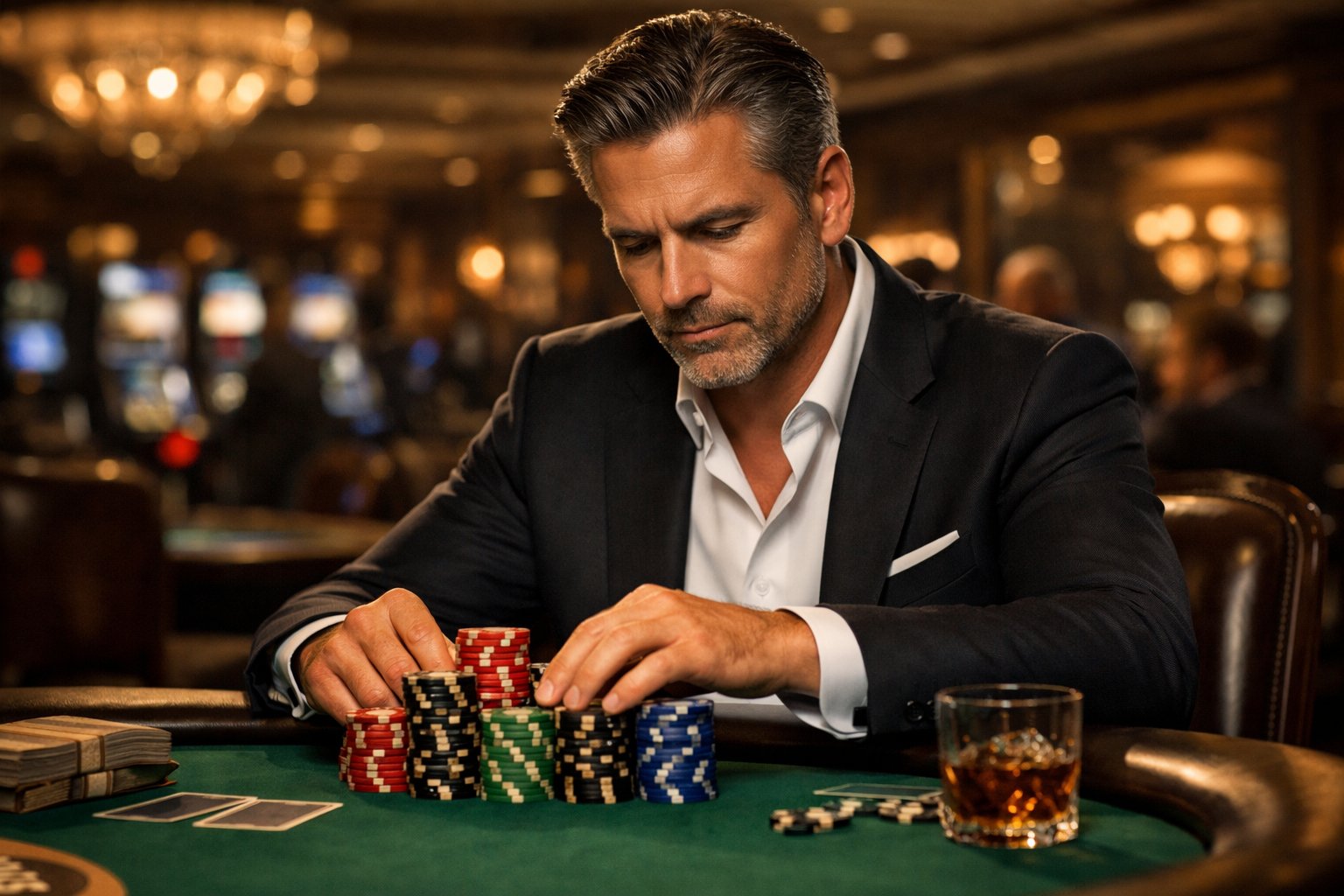A well-dressed man sitting at a poker table with stacks of poker chips, focused on managing his chips in an elegant casino setting.