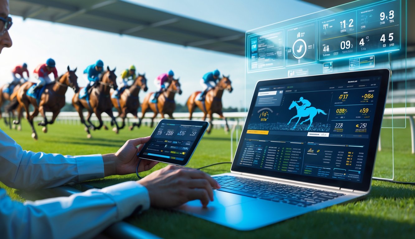 Seseorang sedang menganalisis data pacuan kuda dengan latar belakang lintasan pacuan kuda dan kuda yang sedang berlomba.