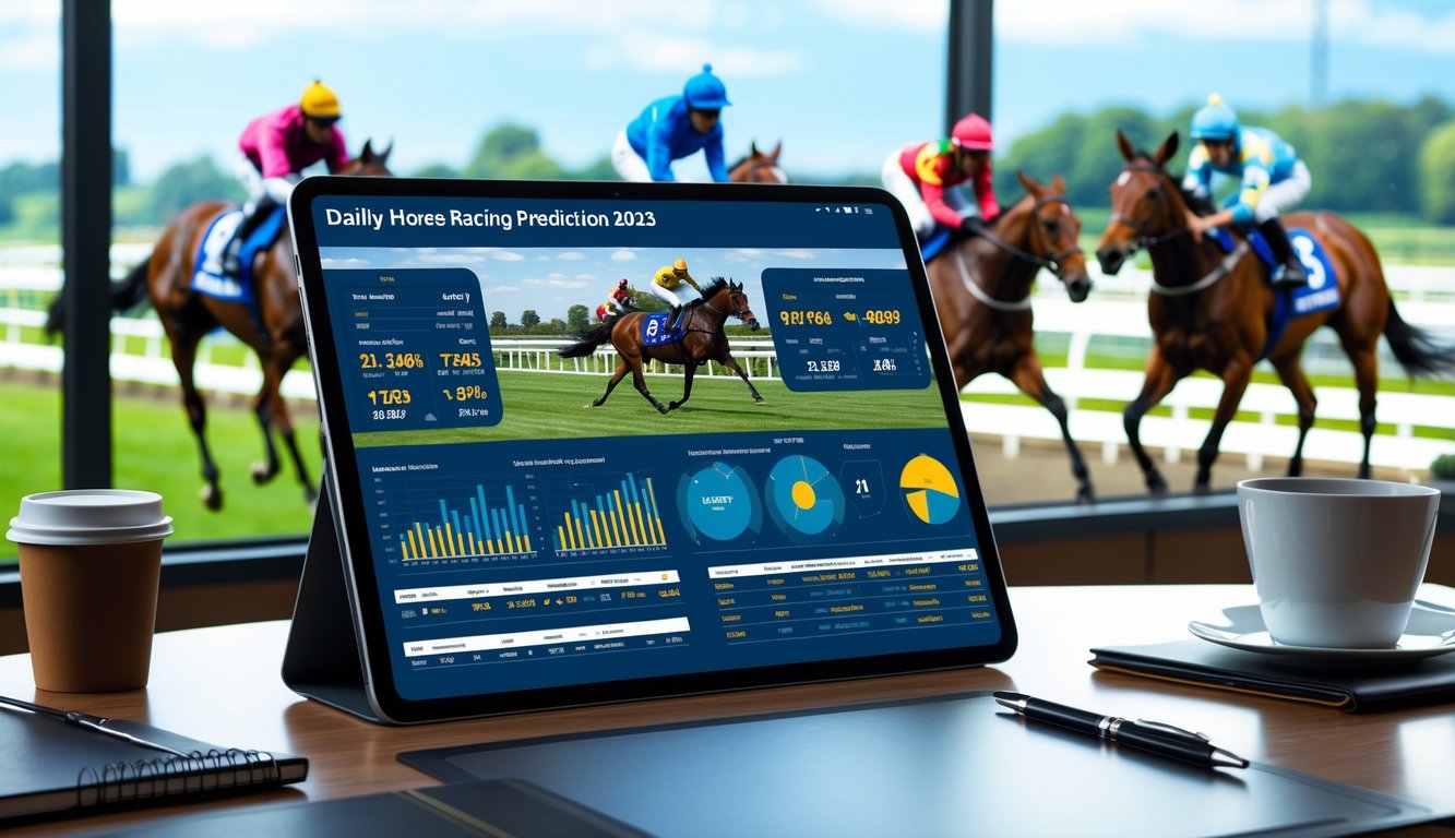 Seorang profesional menggunakan layar digital dengan data pacuan kuda, latar belakang lintasan pacuan kuda dengan kuda dan joki sedang berlomba.