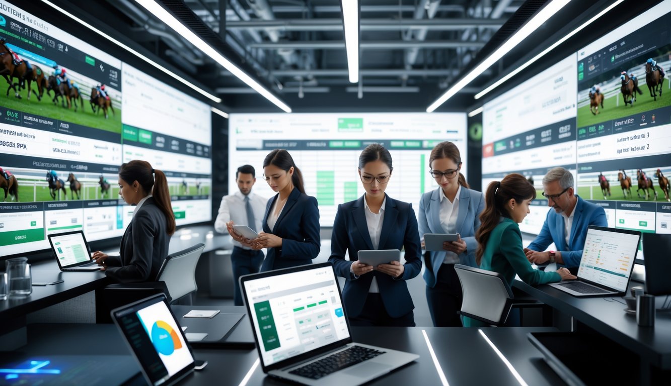 Orang-orang bekerja di kantor modern dengan layar besar menampilkan pacuan kuda dan data taruhan.