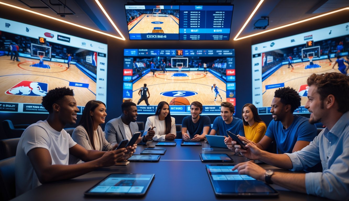 Sekelompok orang muda di ruang olahraga modern sedang memasang taruhan dan menonton pertandingan NBA dengan layar besar di latar belakang.