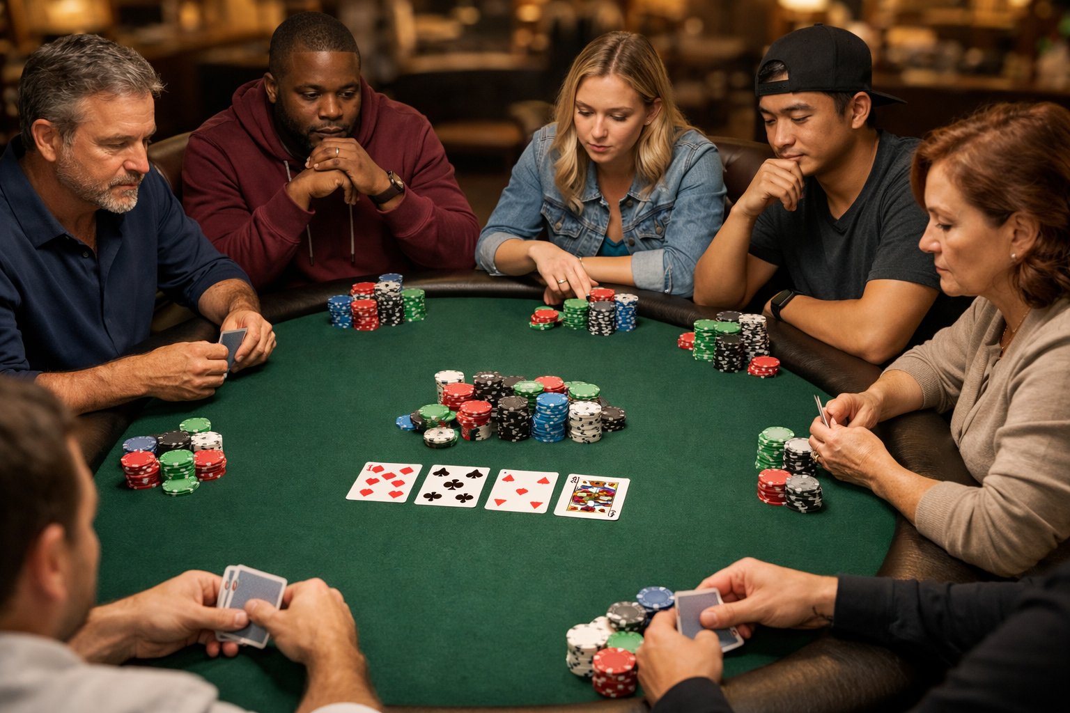 A group of people sitting around a poker table