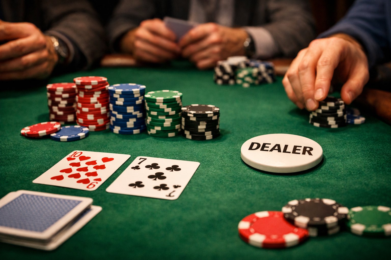 Close-up of a poker table with players' hands, poker chips, cards, and a dealer button during a game.