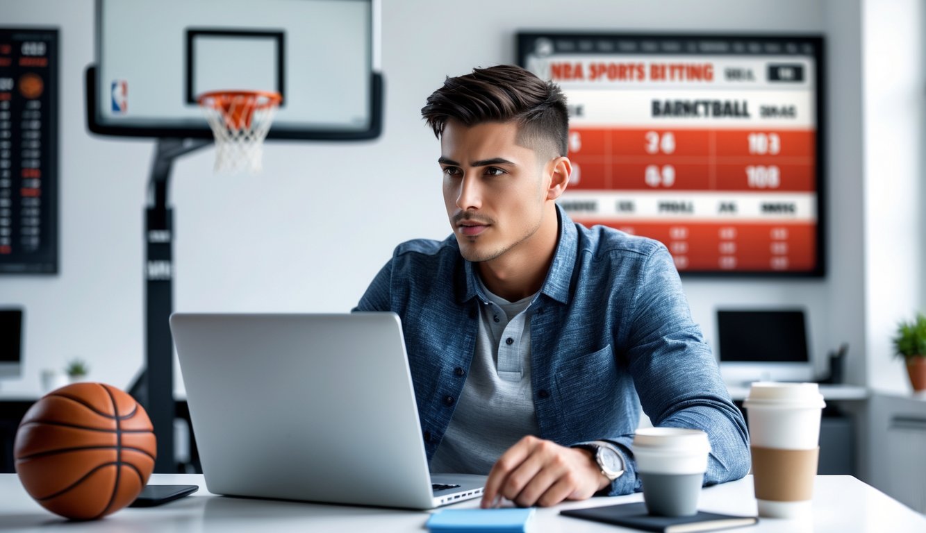 Seorang pria muda yang percaya diri sedang bekerja di depan laptop dengan statistik dan data pertandingan bola basket di layar, di ruang kantor modern yang terang dan rapi.
