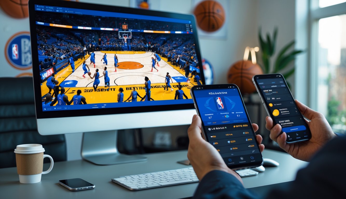 Sebuah meja kerja modern dengan komputer menampilkan pertandingan bola basket NBA dan tangan seseorang menggunakan ponsel dengan aplikasi taruhan NBA online.