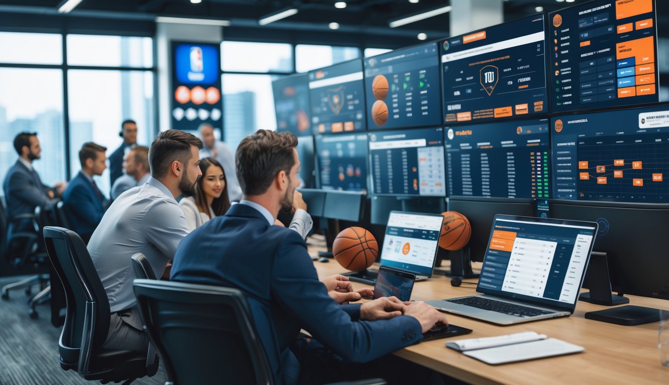 Orang-orang bekerja di kantor modern dengan komputer dan ponsel, menganalisis data dan menonton pertandingan bola basket NBA.