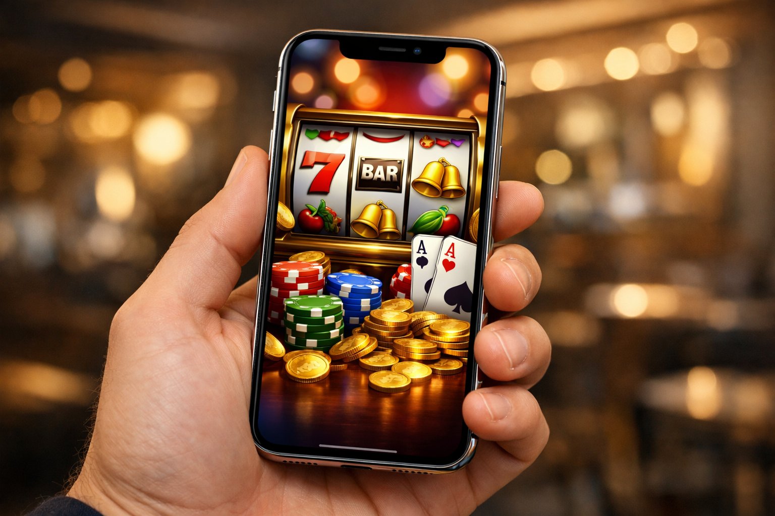 A hand holding an iPhone displaying a colorful casino game app with slot reels, poker chips, and playing cards on the screen.