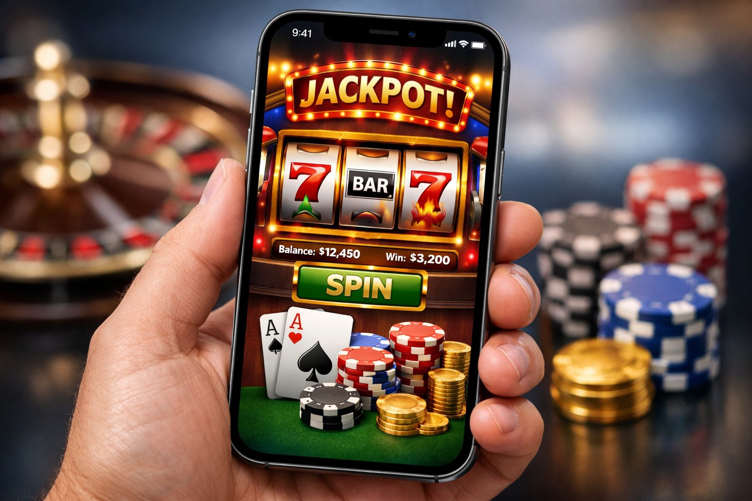 A hand holding an iPhone showing a casino app with slot reels, poker chips, and playing cards on the screen.