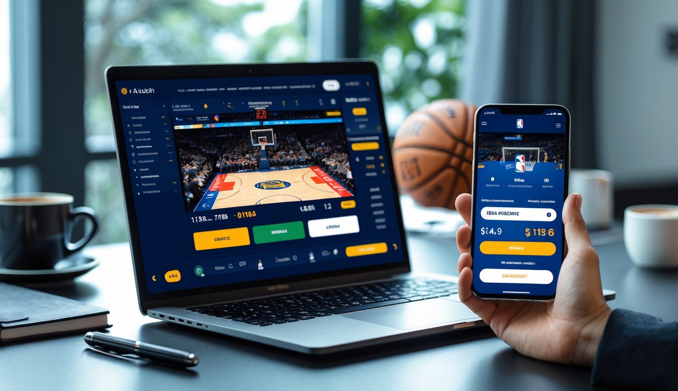 Seorang pria menggunakan laptop dan ponsel di meja kerja dengan tampilan pertandingan NBA dan aplikasi taruhan online.