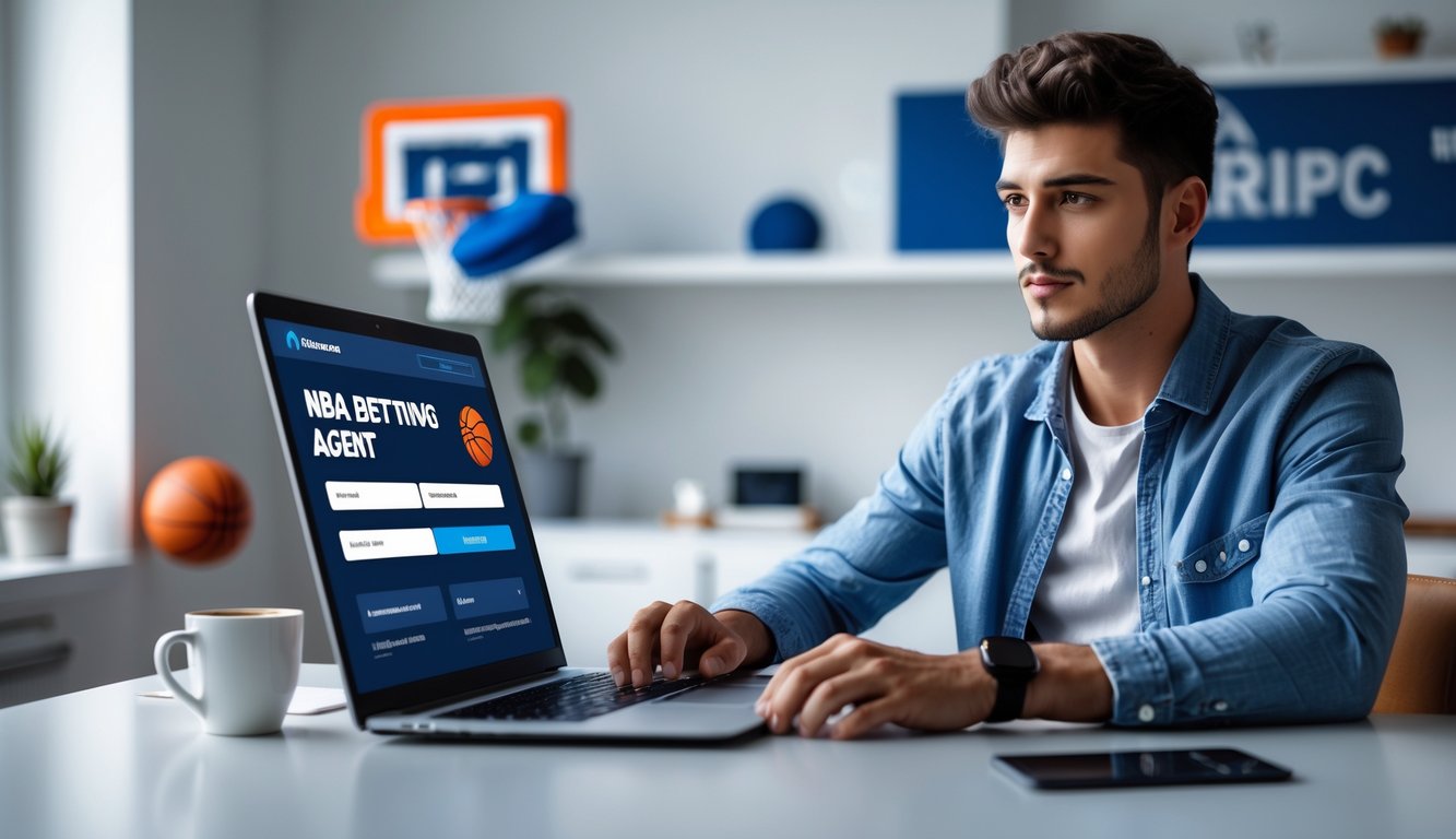Seorang pria muda sedang mendaftar sebagai agen taruhan NBA menggunakan laptop di ruang kerja modern.