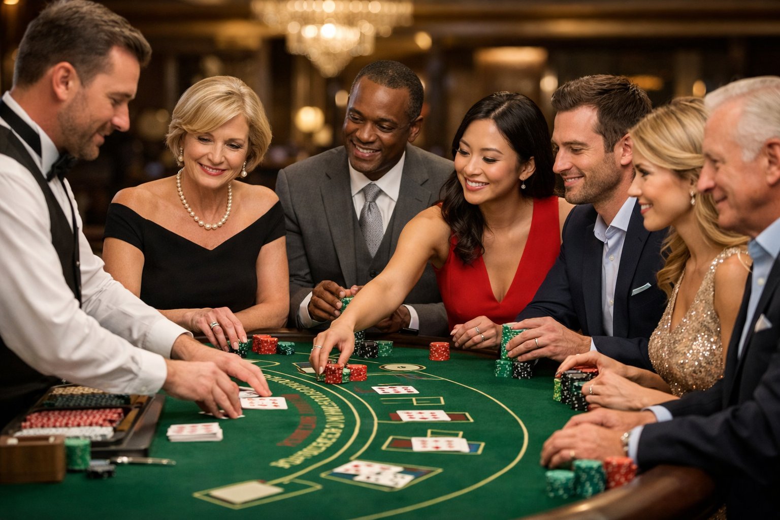 A group of people dressed formally standing around a casino table