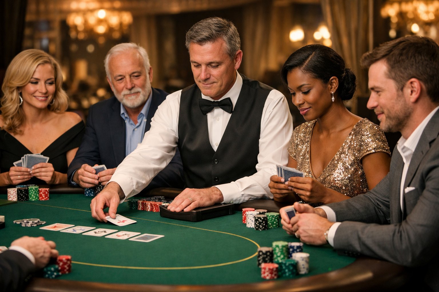 A group of people playing cards at a casino table with a dealer