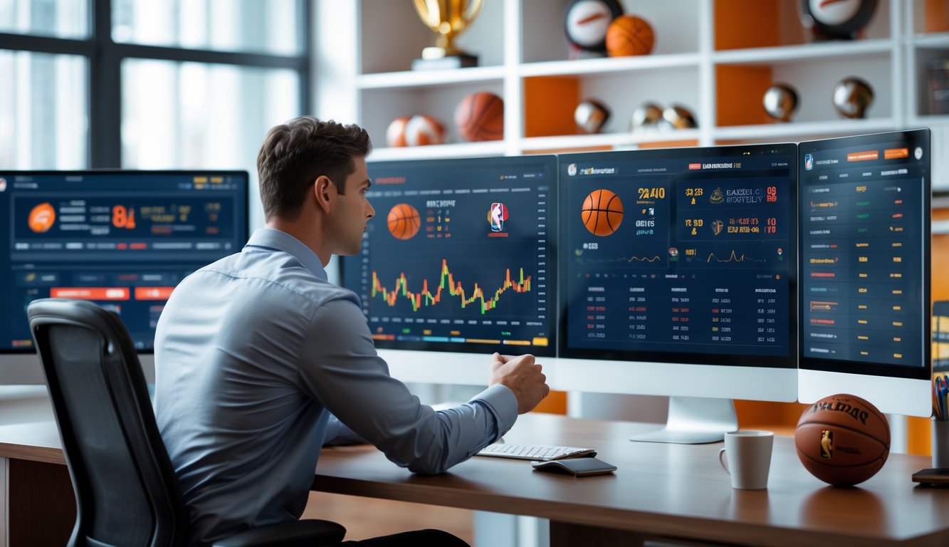 Seorang pria muda sedang menganalisis data statistik bola basket dan peluang taruhan di depan komputer di sebuah kantor modern.