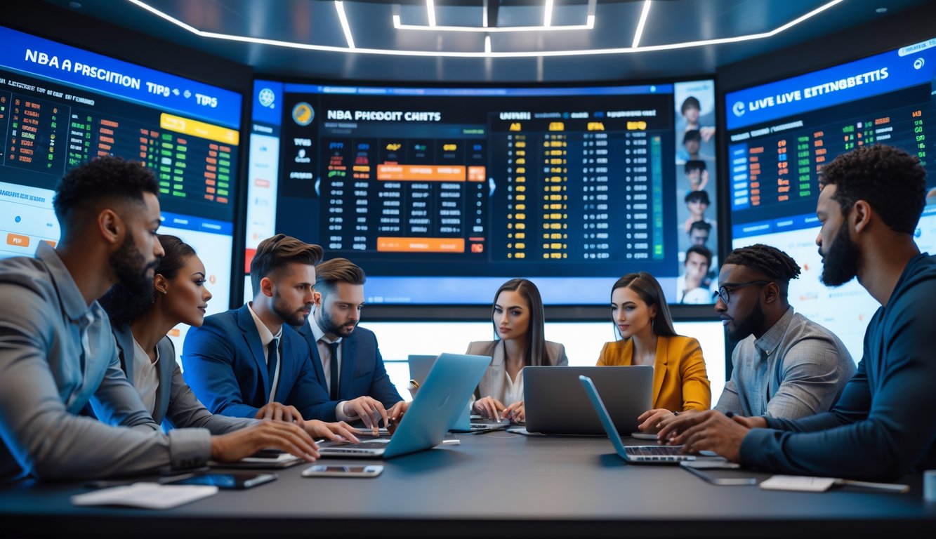 Sekelompok orang sedang menganalisis data taruhan NBA di sekitar layar digital dengan grafik dan statistik pertandingan.
