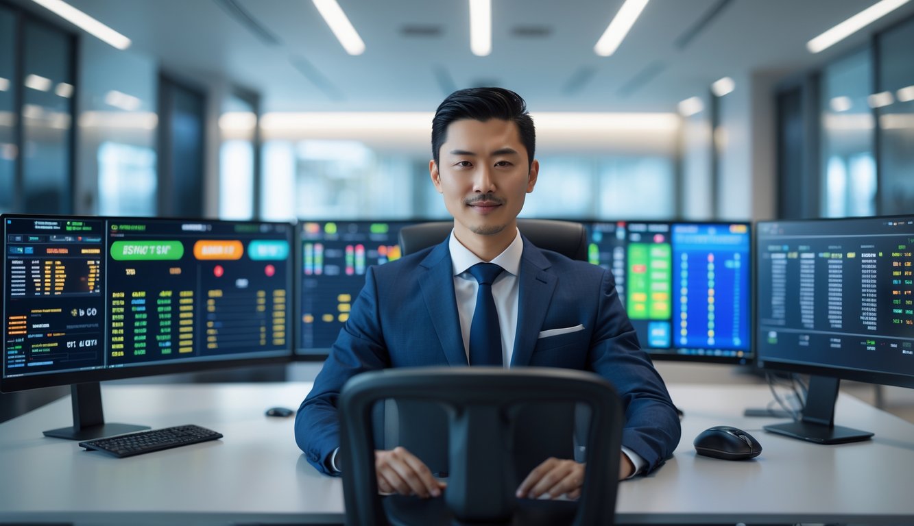 Seorang profesional sedang bekerja di kantor modern dengan beberapa layar komputer yang menampilkan angka dan grafik terkait permainan togel.