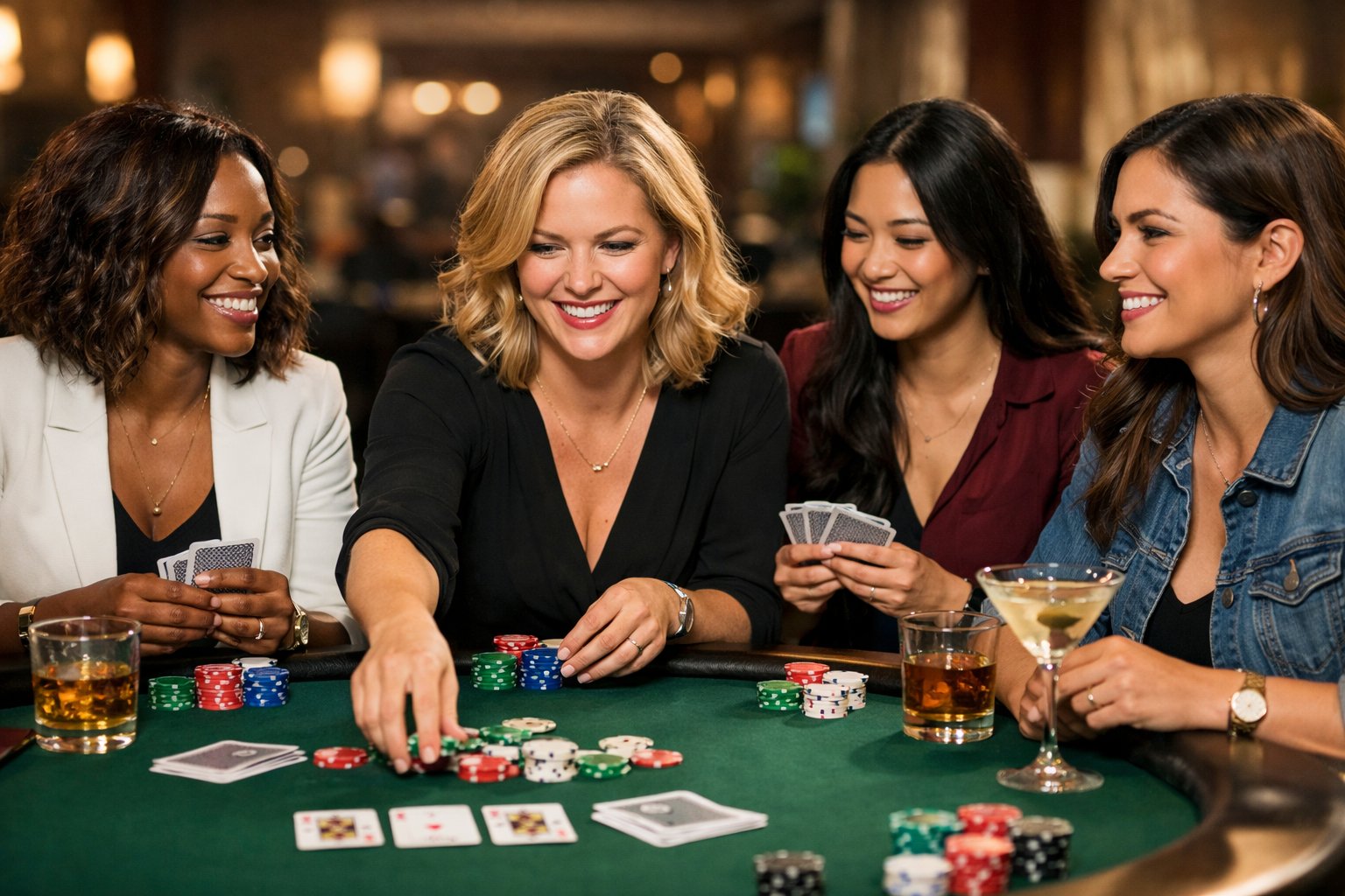 A group of women playing poker around a table with cards and chips, smiling and engaged in the game.
