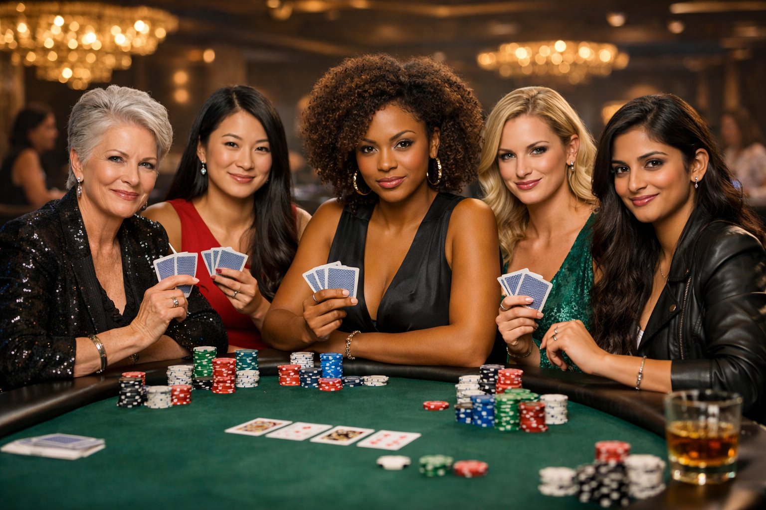 A diverse group of women playing poker together around a table in a casino.