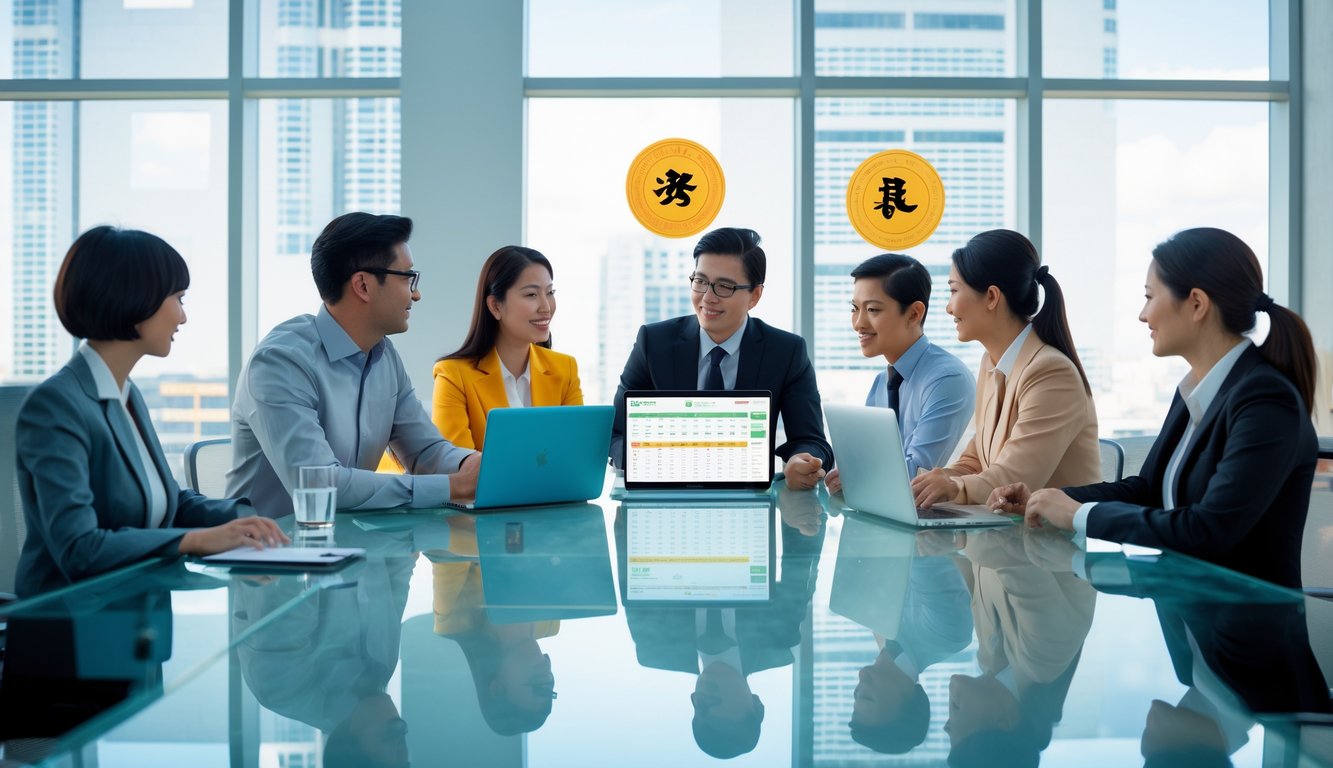 Orang-orang berdiskusi di kantor modern dengan perangkat digital yang menampilkan data terkait togel dan simbol shio di latar belakang.