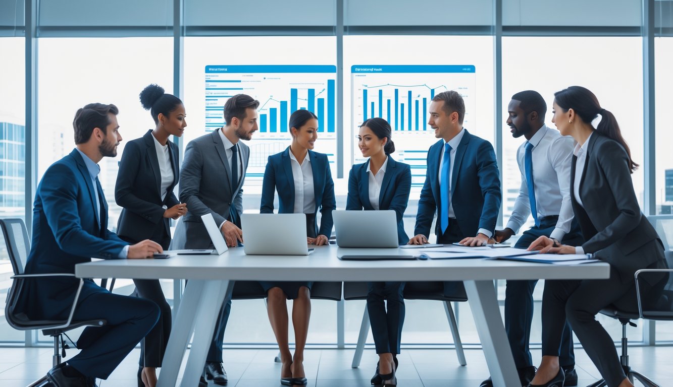 Sekelompok profesional bisnis sedang berdiskusi di sekitar meja kantor modern dengan laptop dan dokumen.