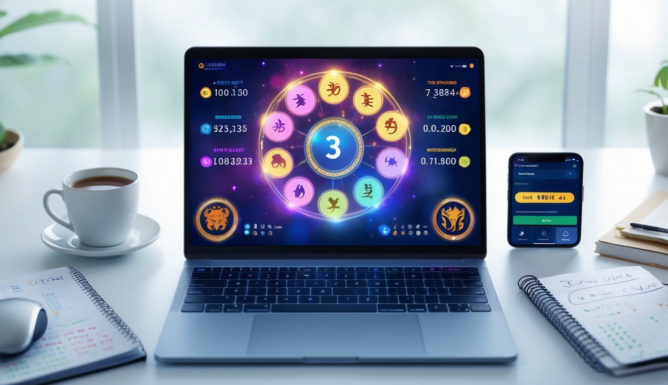 Seorang pengguna laptop di meja kerja yang menampilkan simbol hewan shio dan angka togel di layar, dengan ponsel, cangkir kopi, dan buku catatan di sekitar.