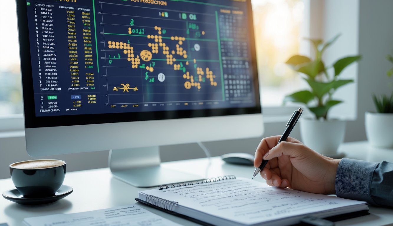 Meja kerja dengan komputer menampilkan grafik dan simbol shio, tangan memegang pena di atas buku catatan, suasana fokus dan profesional.