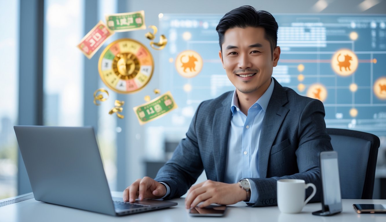 Seorang pria Asia duduk di meja dengan laptop dan ponsel di kantor yang terang dan bersih, dengan latar belakang simbol keberuntungan dan hewan shio.