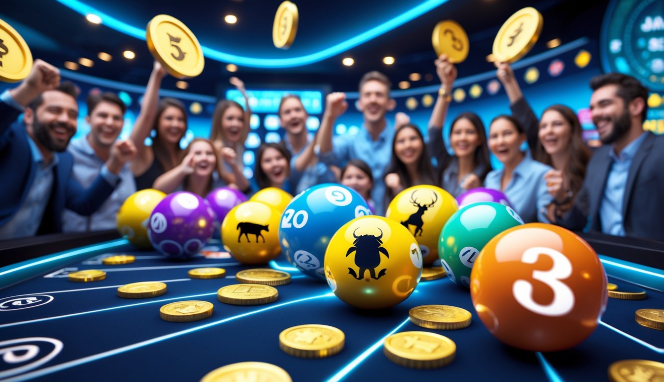 Orang-orang yang sedang merayakan kemenangan dalam suasana lotere dengan bola lotere berwarna-warni dan simbol hewan shio.