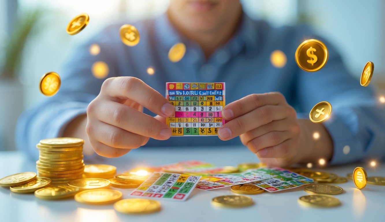 Seseorang memegang beberapa tiket lotre dengan ekspresi percaya diri dan latar belakang yang menunjukkan keberuntungan dan kemenangan.