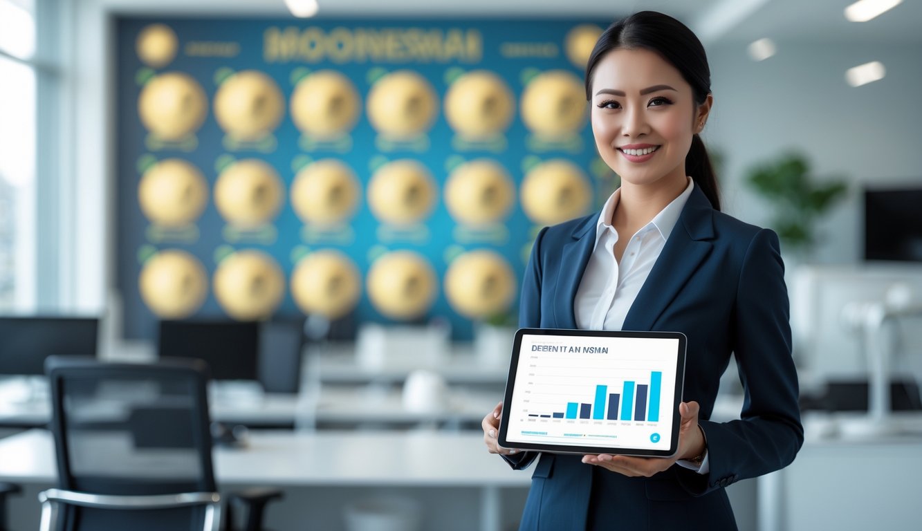Seorang wanita bisnis Indonesia berdiri di kantor modern sambil memegang tablet dengan senyum percaya diri.