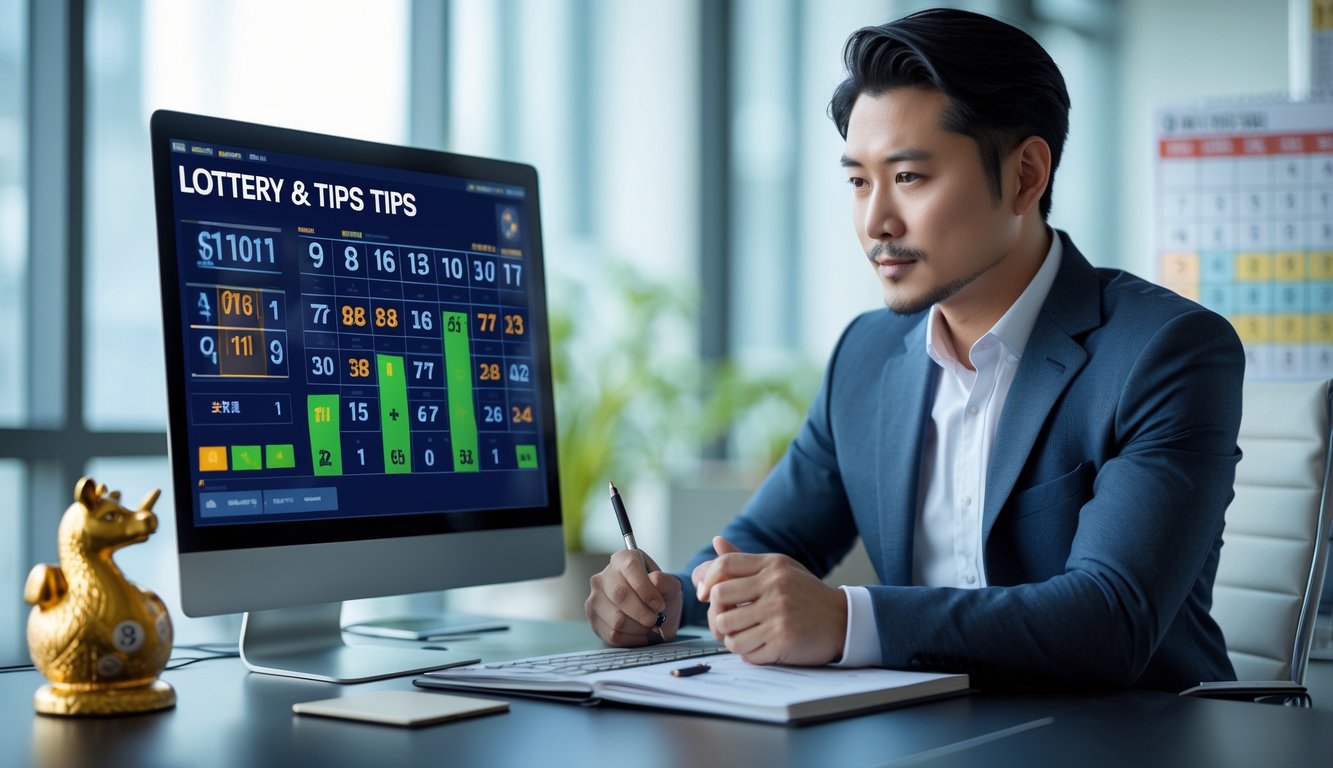 Seorang pria Asia duduk di meja kantor modern sambil menganalisis data dan catatan terkait togel dengan latar belakang dekorasi hewan shio.