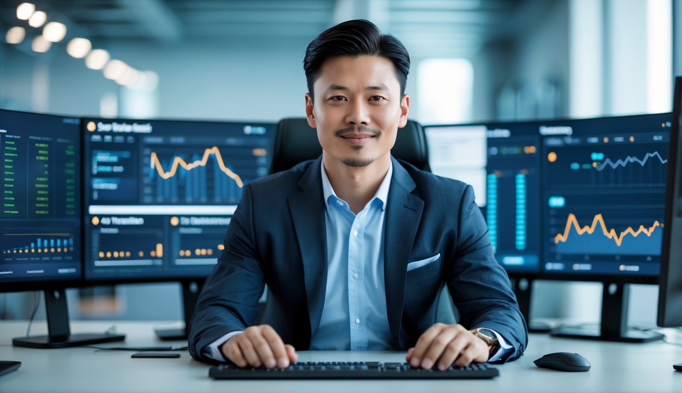 Seorang pria Asia Tenggara duduk di meja kantor modern dengan beberapa layar komputer yang menampilkan data terkait platform permainan daring.