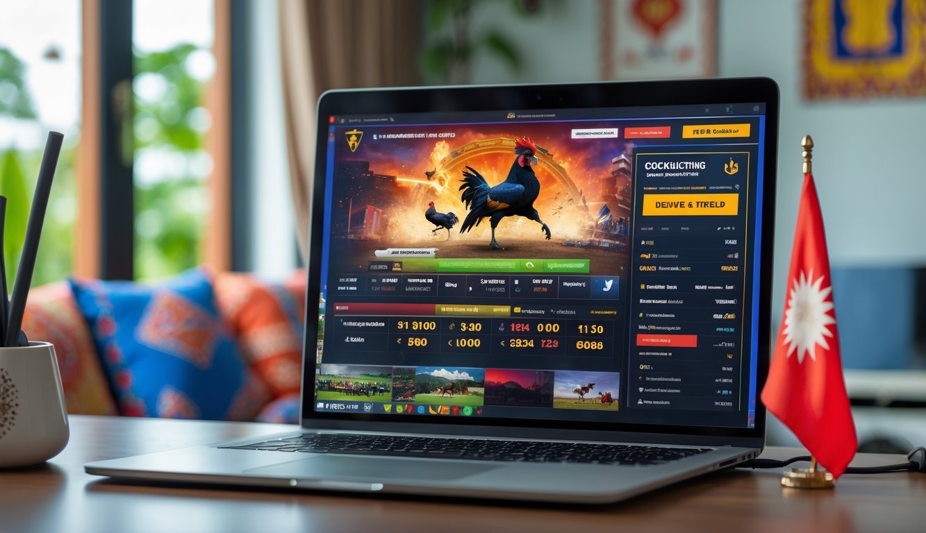 Seorang pria muda Indonesia menggunakan laptop di ruang kerja rumah yang menampilkan situs sabung ayam online dengan latar belakang elemen budaya Indonesia.