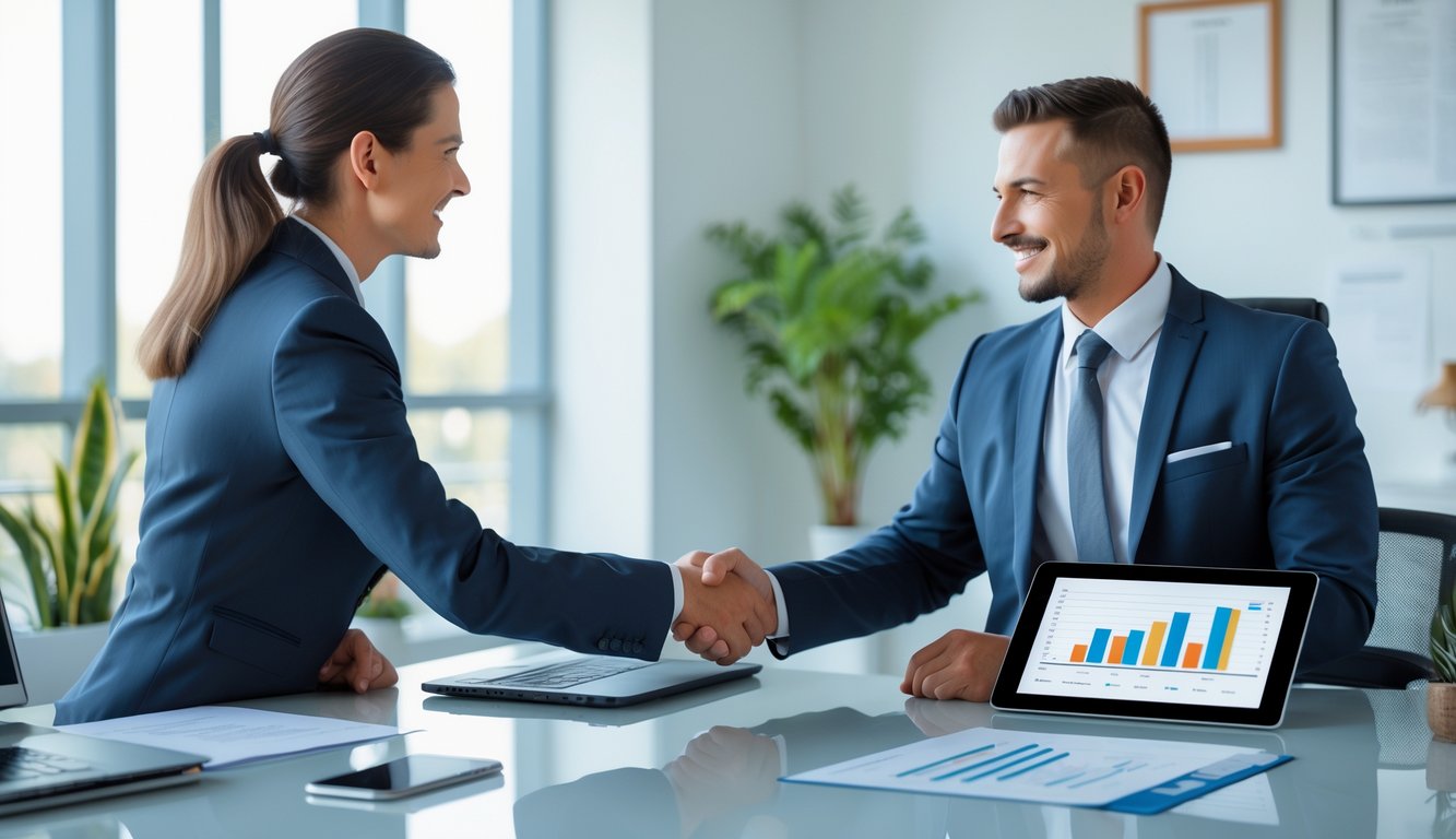 Seorang agen bisnis profesional berjabat tangan dengan klien di kantor modern yang terang dan rapi.