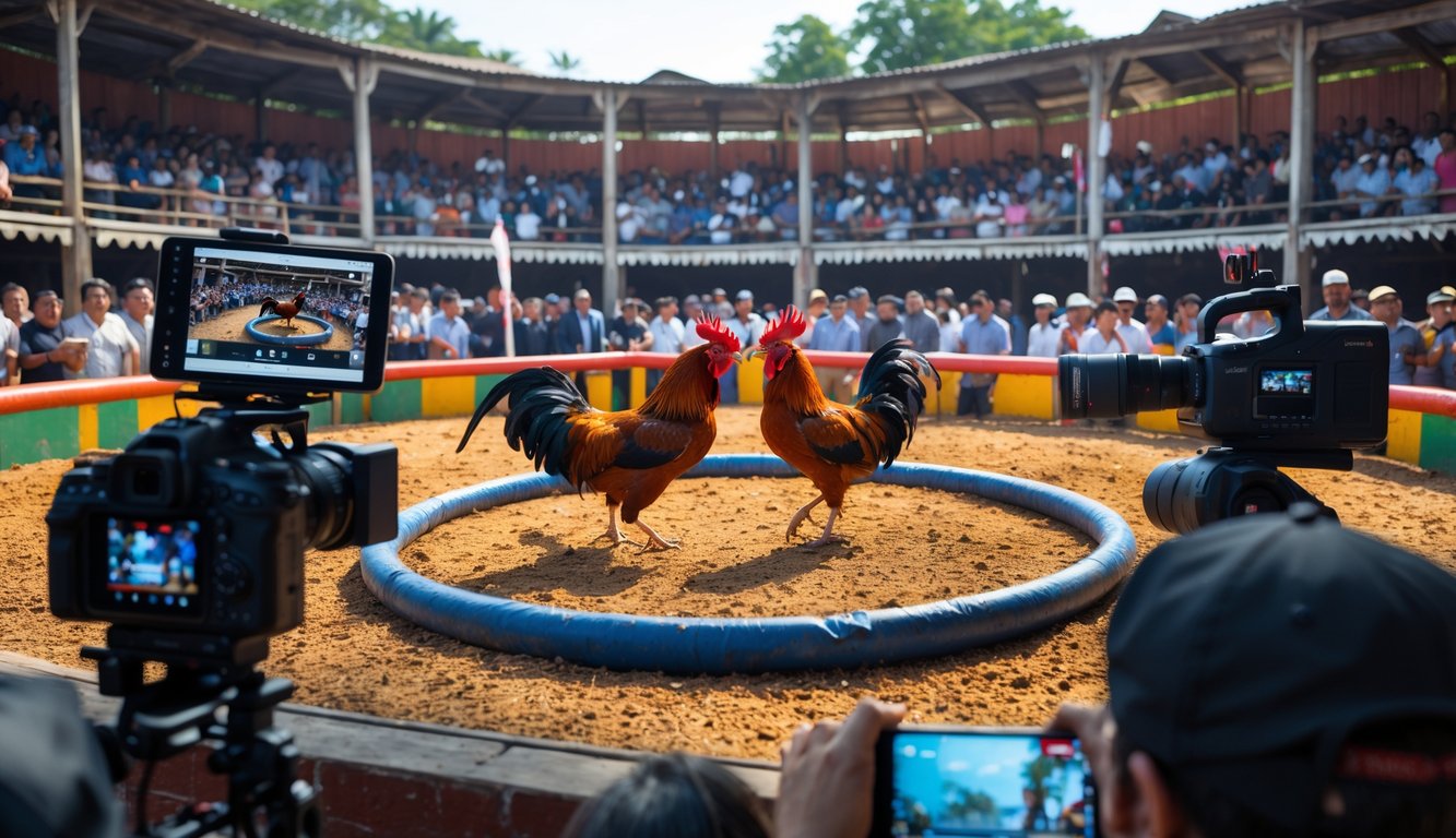 Suasana pertandingan sabung ayam dengan dua ayam bertarung di arena dan penonton menyaksikan melalui perangkat streaming langsung.
