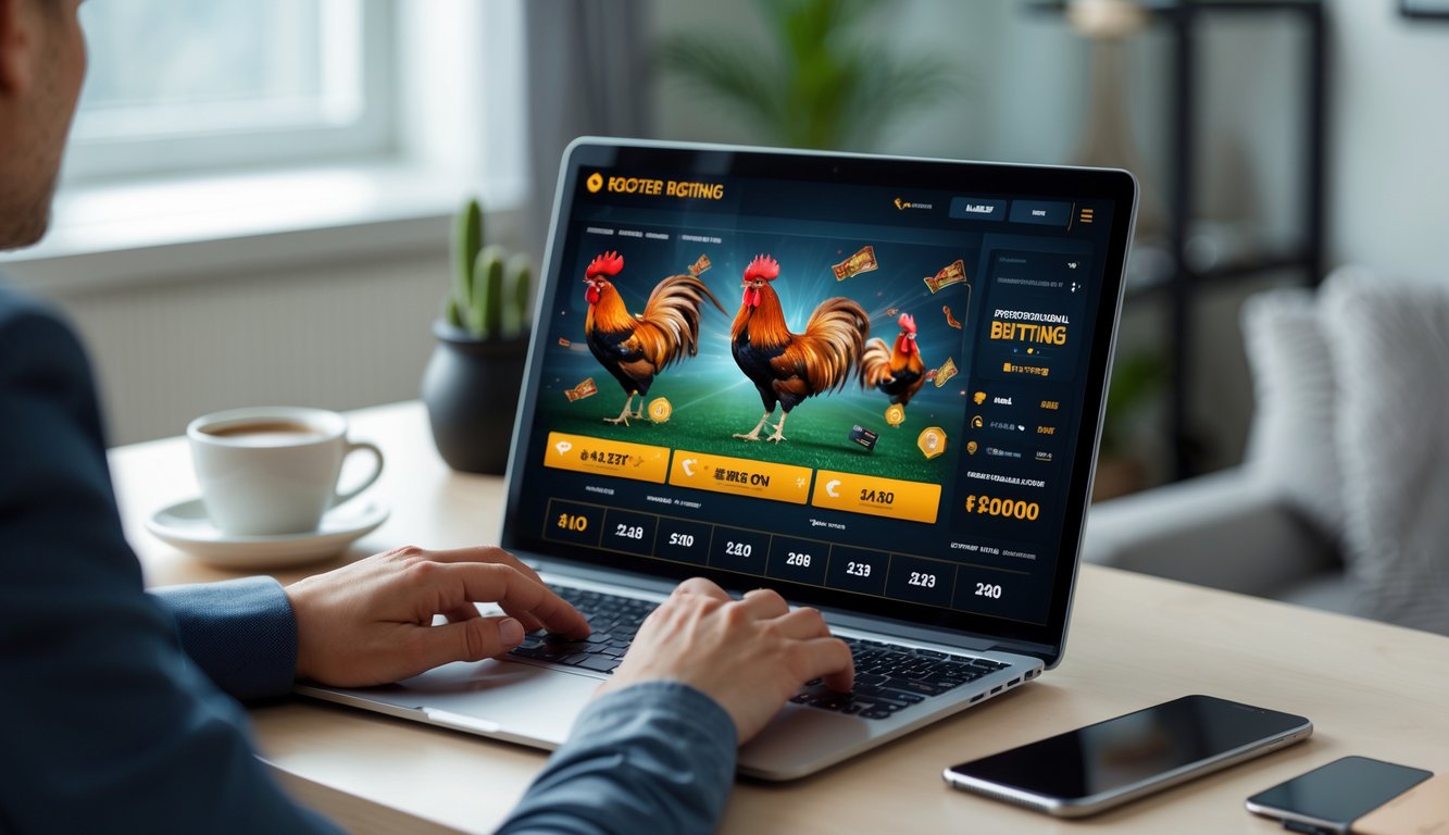 Seseorang menggunakan laptop dengan tampilan situs taruhan sabung ayam online di meja kerja.