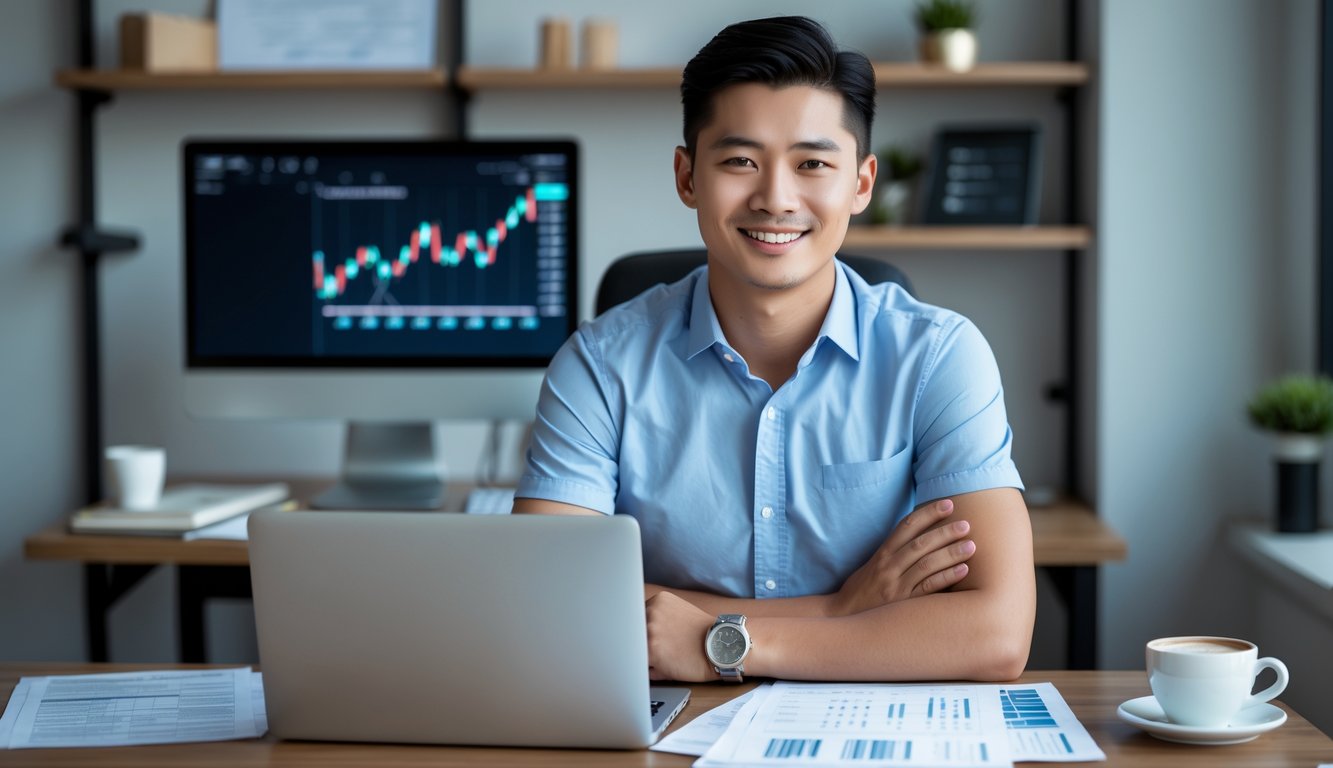 Seorang pria muda berdiri di ruang kantor kecil dengan laptop dan dokumen keuangan di meja, tersenyum ke arah kamera.