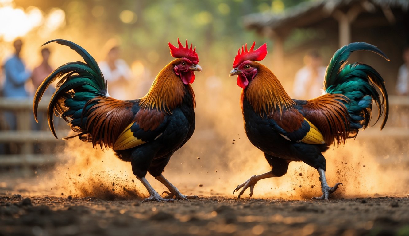 Dua ayam jago sedang bertarung di arena tradisional dengan latar belakang alami dan pencahayaan cerah.