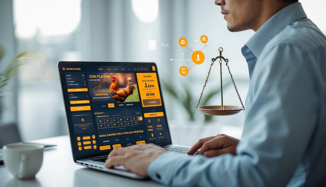 Seseorang menggunakan laptop di meja kerja dengan tampilan antarmuka taruhan sabung ayam online yang aman dan adil.
