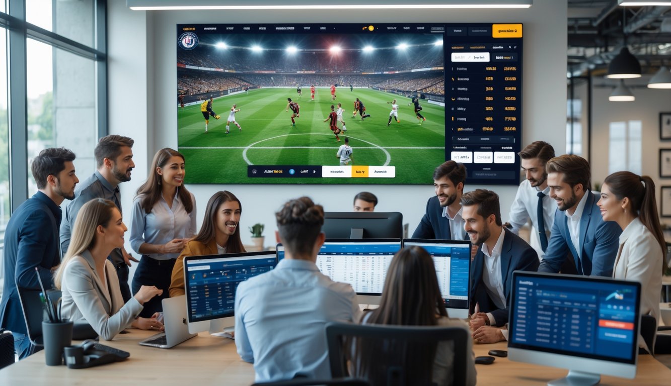 Sekelompok orang muda sedang melihat layar besar yang menampilkan pertandingan sepak bola dan statistik taruhan di sebuah kantor modern.