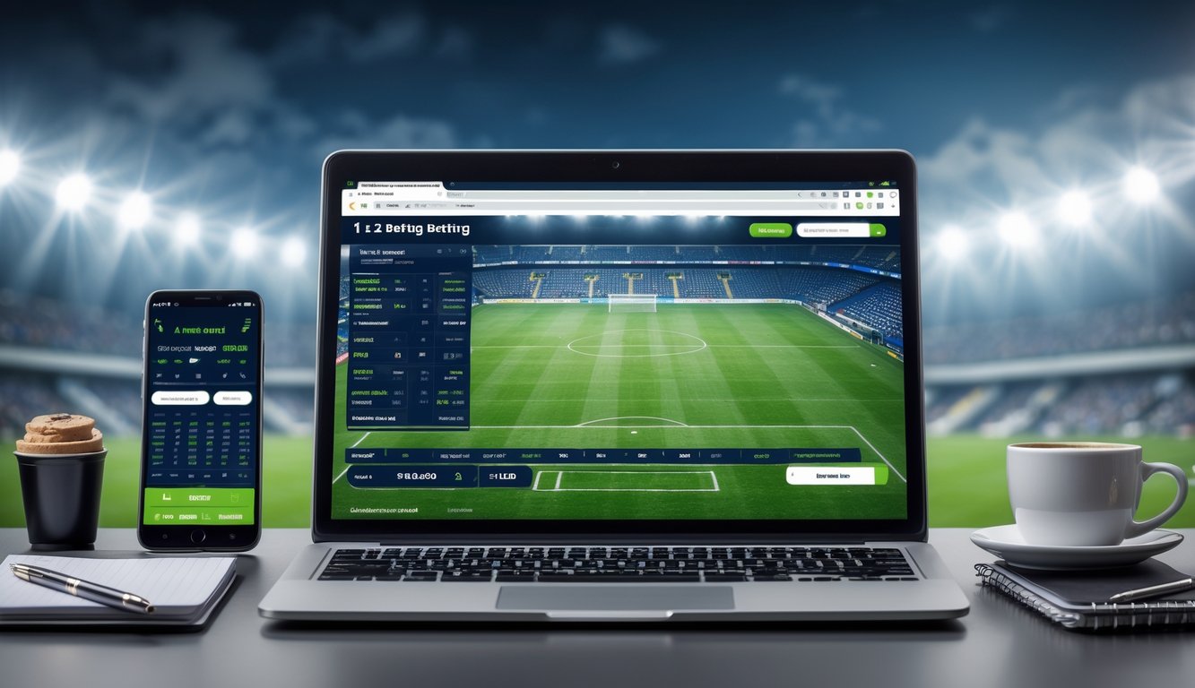 Seorang pria menggunakan laptop dengan tampilan taruhan sepak bola 1X2 di layar, di meja terdapat ponsel dan secangkir kopi, latar belakang stadion sepak bola terlihat samar.