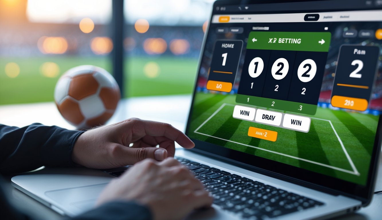 Seseorang menggunakan komputer untuk memasang taruhan sepak bola online dengan tampilan odds 1X2 di layar.