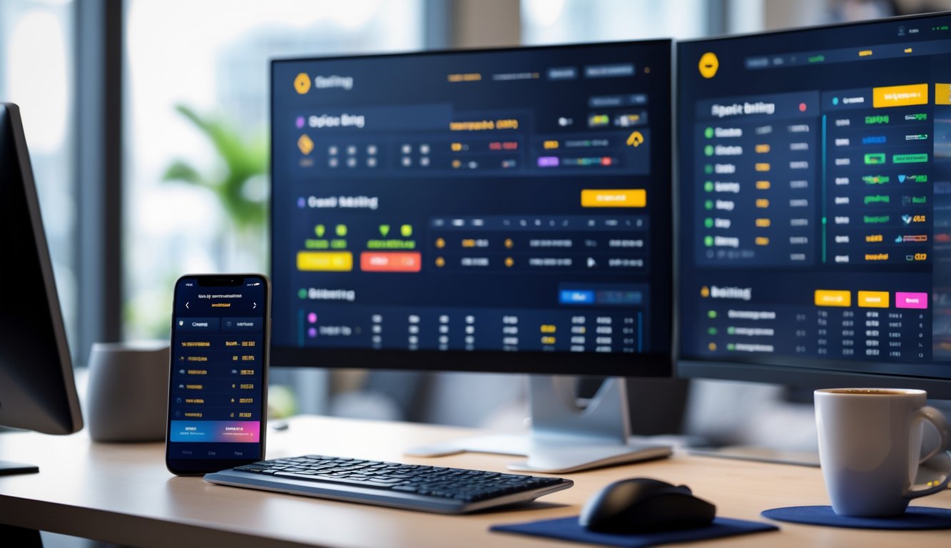 Suasana kantor modern dengan komputer yang menampilkan layar taruhan olahraga dan statistik, dilengkapi ponsel dan kopi di meja.