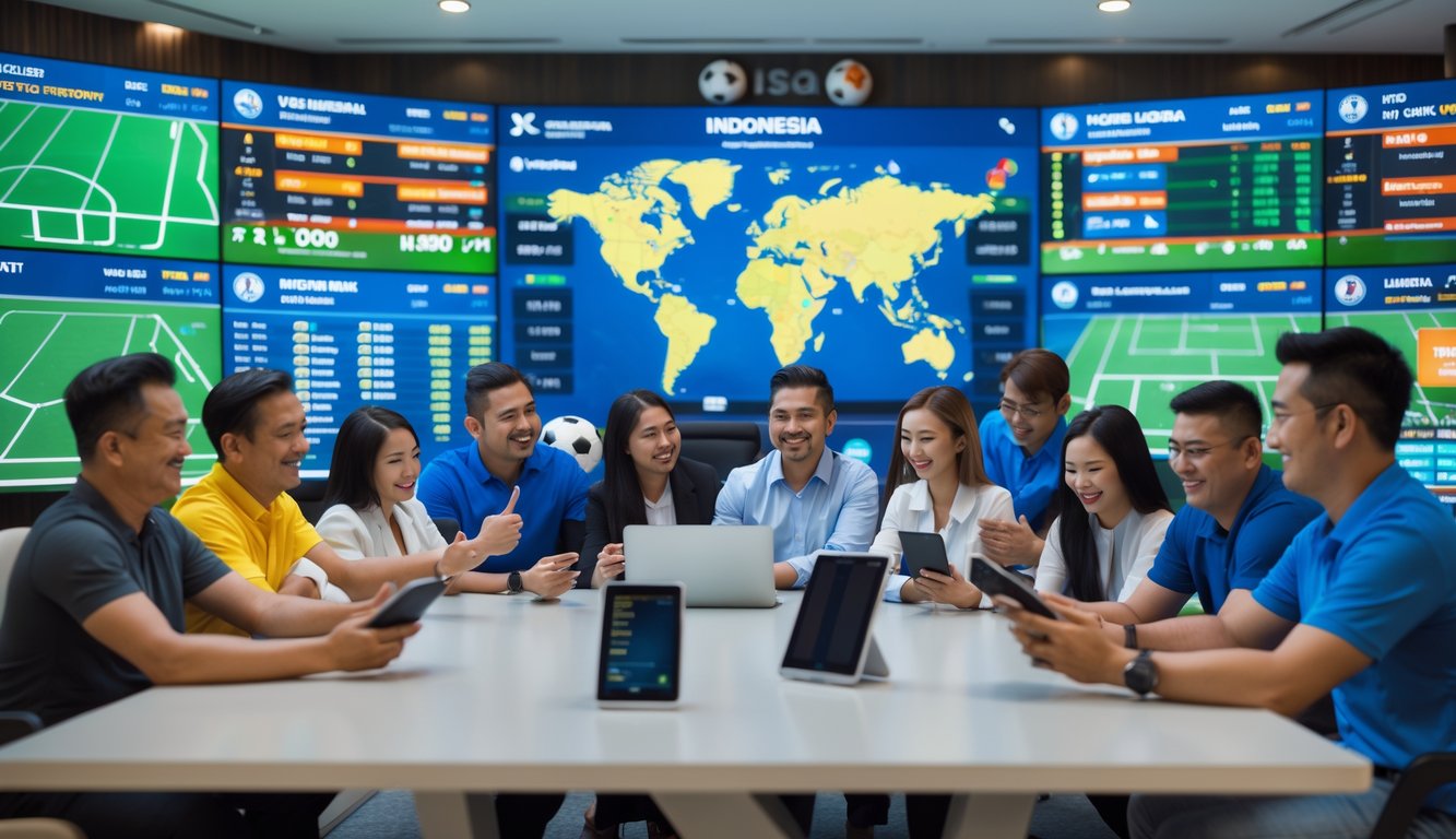 Sekelompok orang sedang melihat layar besar menampilkan statistik dan peluang taruhan sepak bola di sebuah ruangan modern.