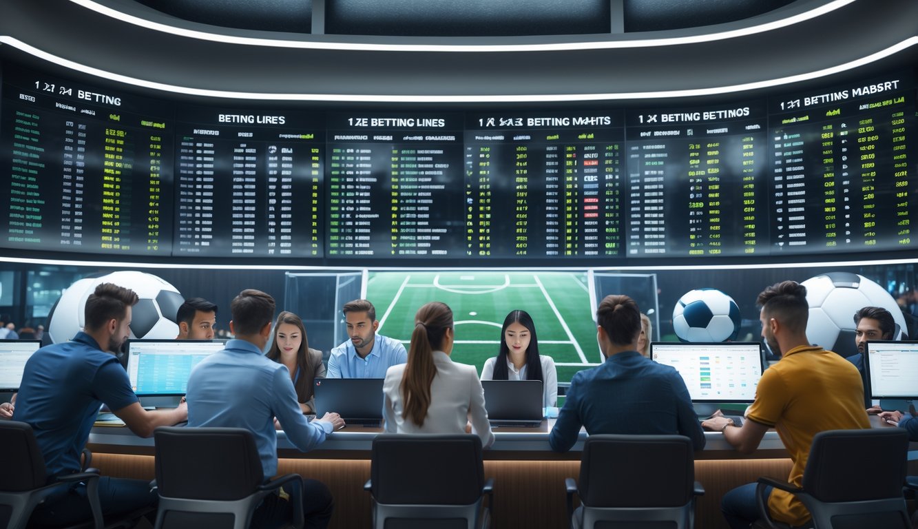 Orang-orang sedang melihat layar digital yang menampilkan peluang taruhan sepak bola 1X2 di ruangan modern.